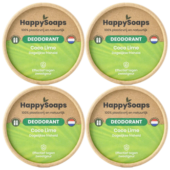 Vier verpakkingen HappySoaps Coco Lime deodorant in twee rijen van twee