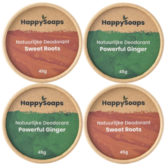 HappySoaps deodorant combipack met twee verpakkingen Sweet Roots en twee Powerful Ginger van elk 45 gram