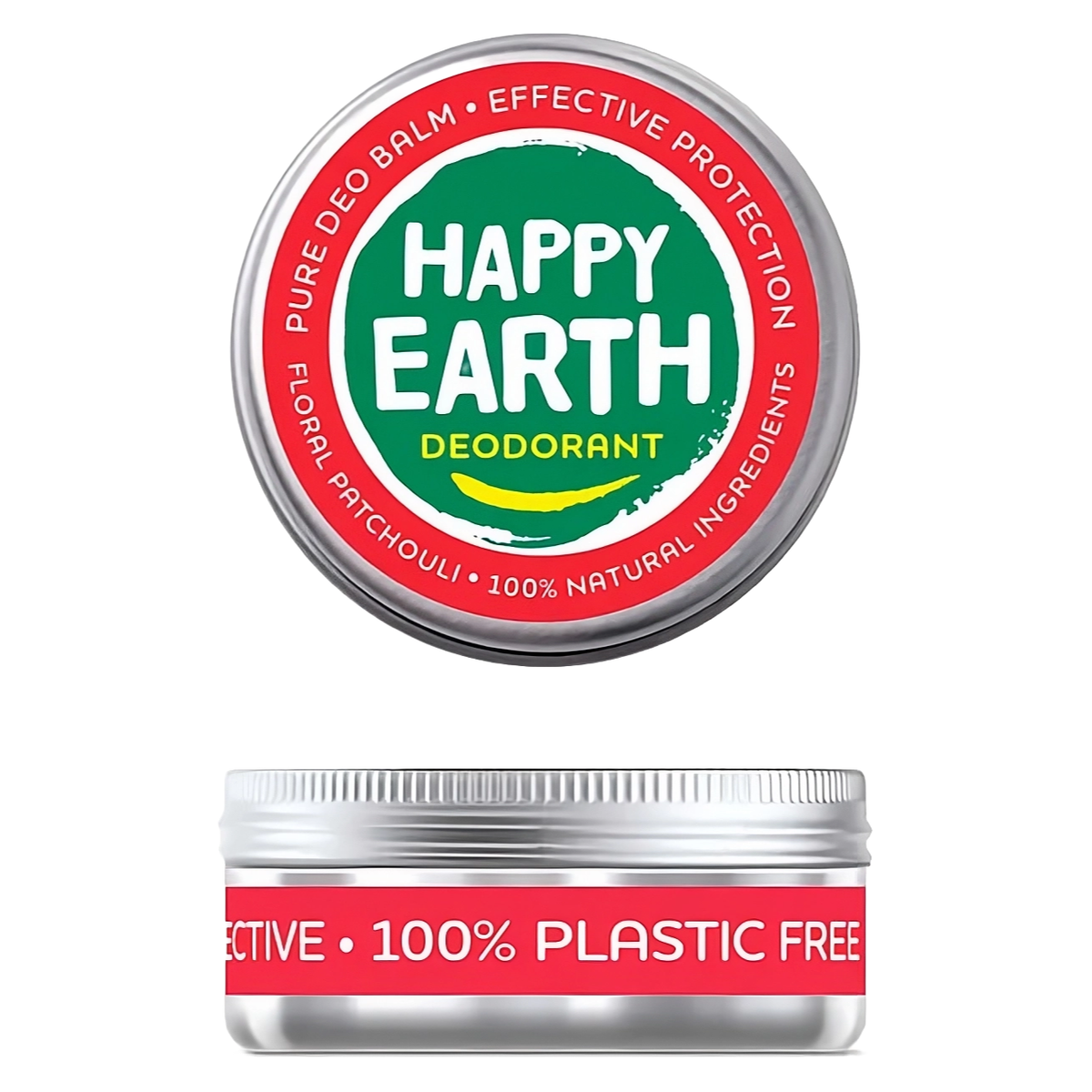 Happy Earth Floral Patchouli deodorantbalsem 45 gram, blikje van boven en opzij