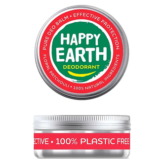 Happy Earth Floral Patchouli deodorantbalsem 45 gram, blikje van boven en opzij