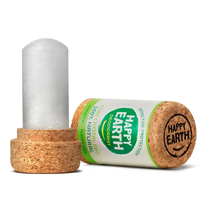 Open Happy Earth Crystal Deodorant met witte crystal stick en kurken houder