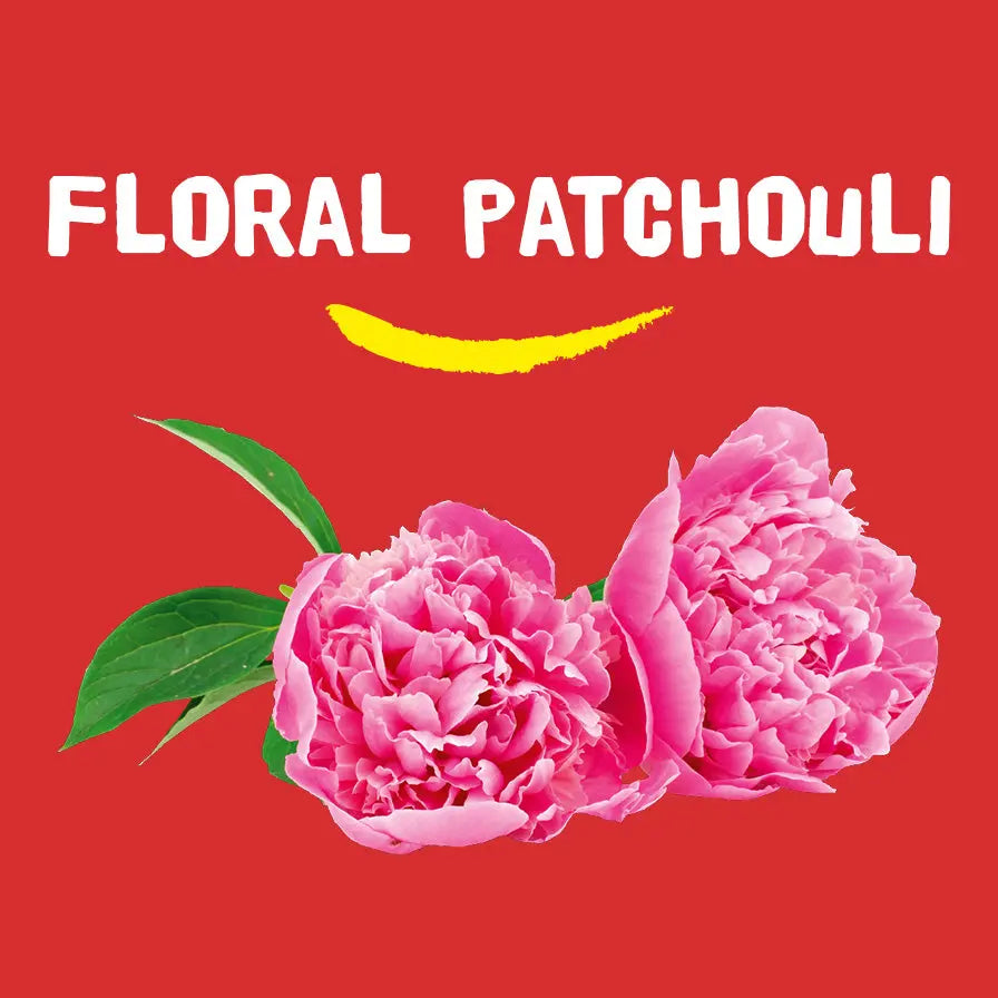 Roze bloemen op een rode achtergrond met de tekst Floral Patchouli