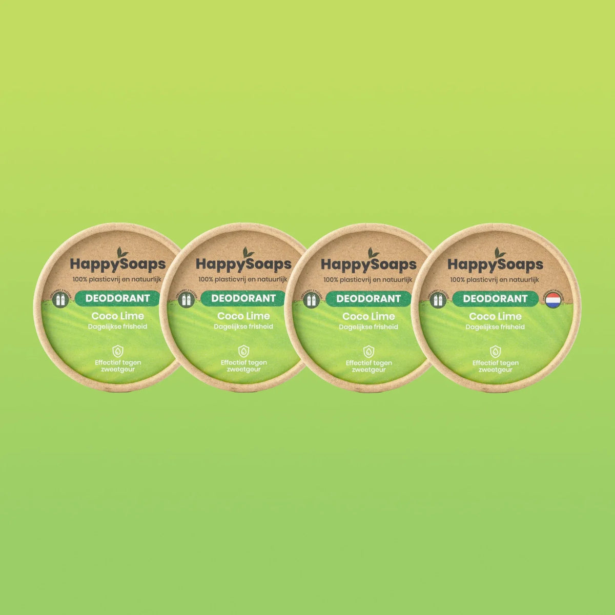 Vier verpakkingen HappySoaps Coco Lime deodorant naast elkaar tegen een groene achtergrond