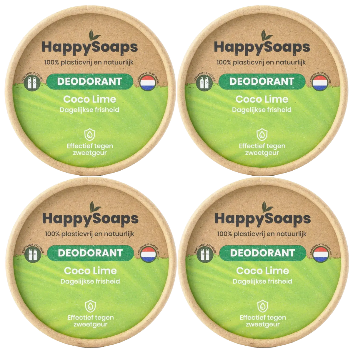 Vier verpakkingen HappySoaps Coco Lime deodorant in twee rijen van twee