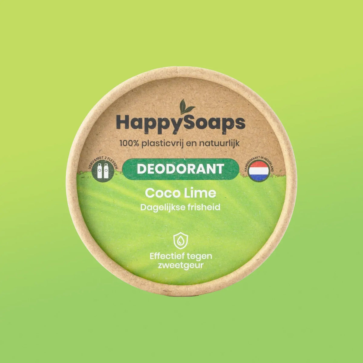 HappySoaps Coco Lime deodorant in een ronde kartonnen verpakking tegen een groene achtergrond