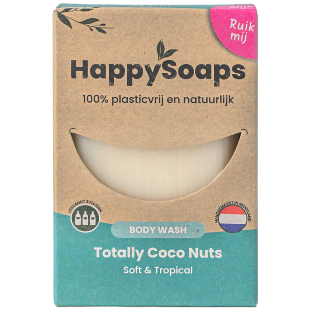 Bovenaanzicht HappySoaps Totally Coco Nuts body bar in kartonnen doosje