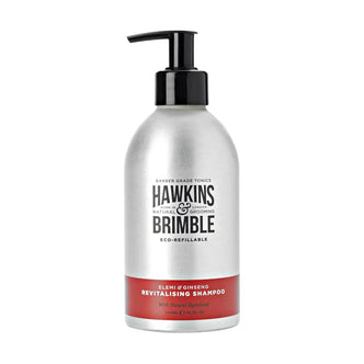 Hawkins & Brimble Revitalising Shampoo in aluminium eco-refillable pompfles.