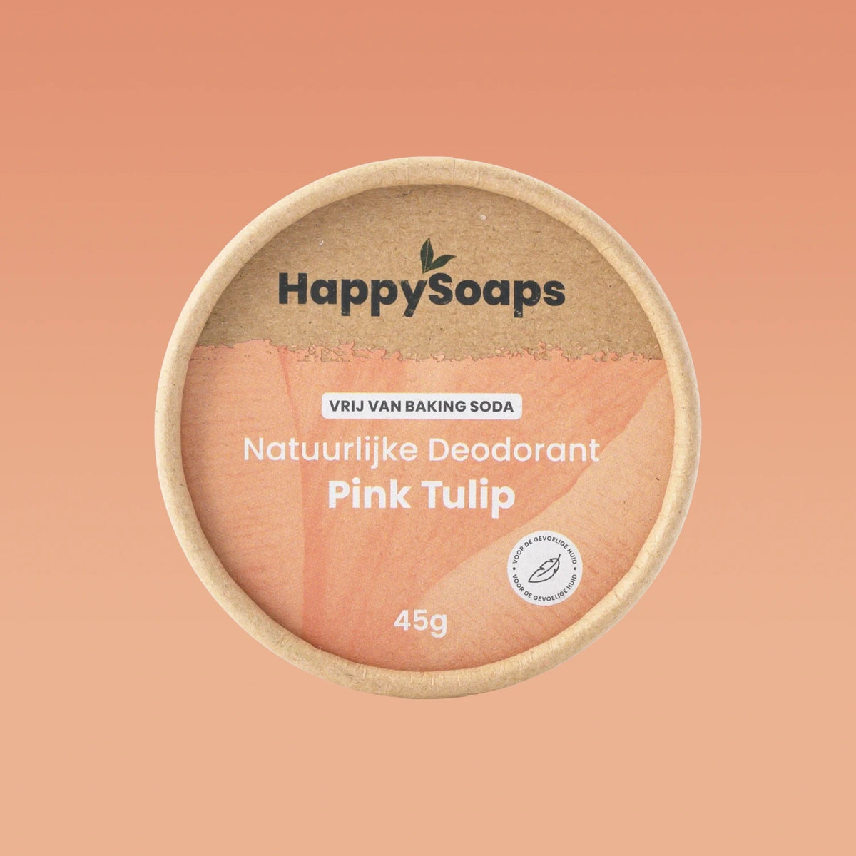 HappySoaps Pink Tulip deodorant verpakking op een lichtroze achtergrond