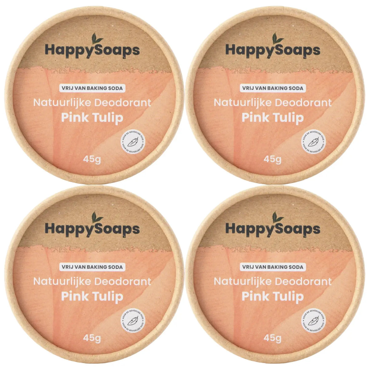 HappySoaps Pink Tulip deodorant 4-pack met vier potjes van 45 gram