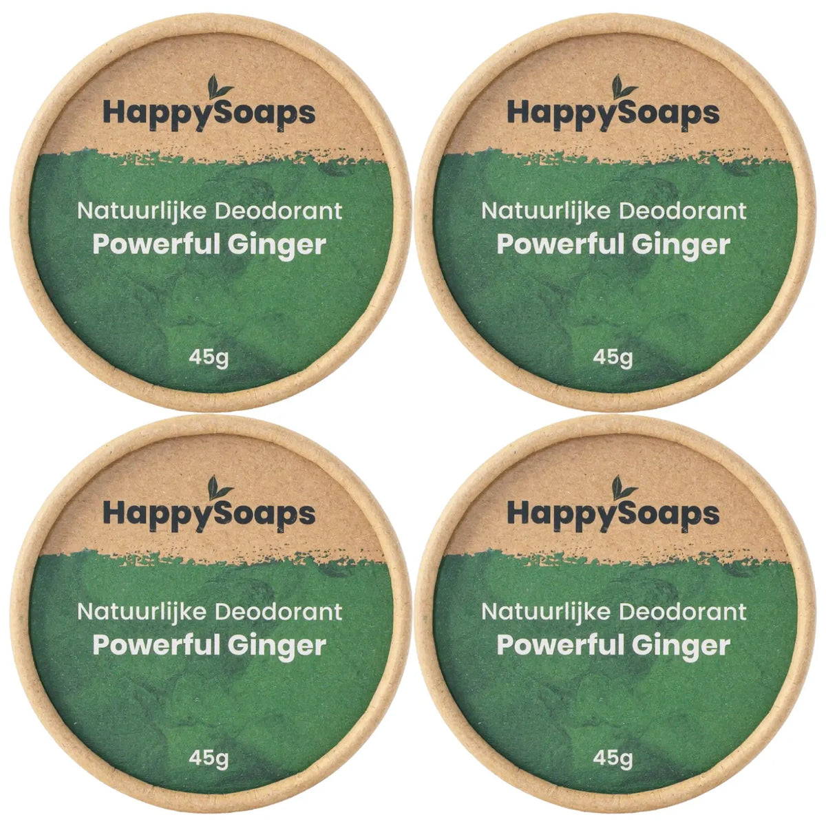 Vier potjes HappySoaps Powerful Ginger deodorant bovenaanzicht
