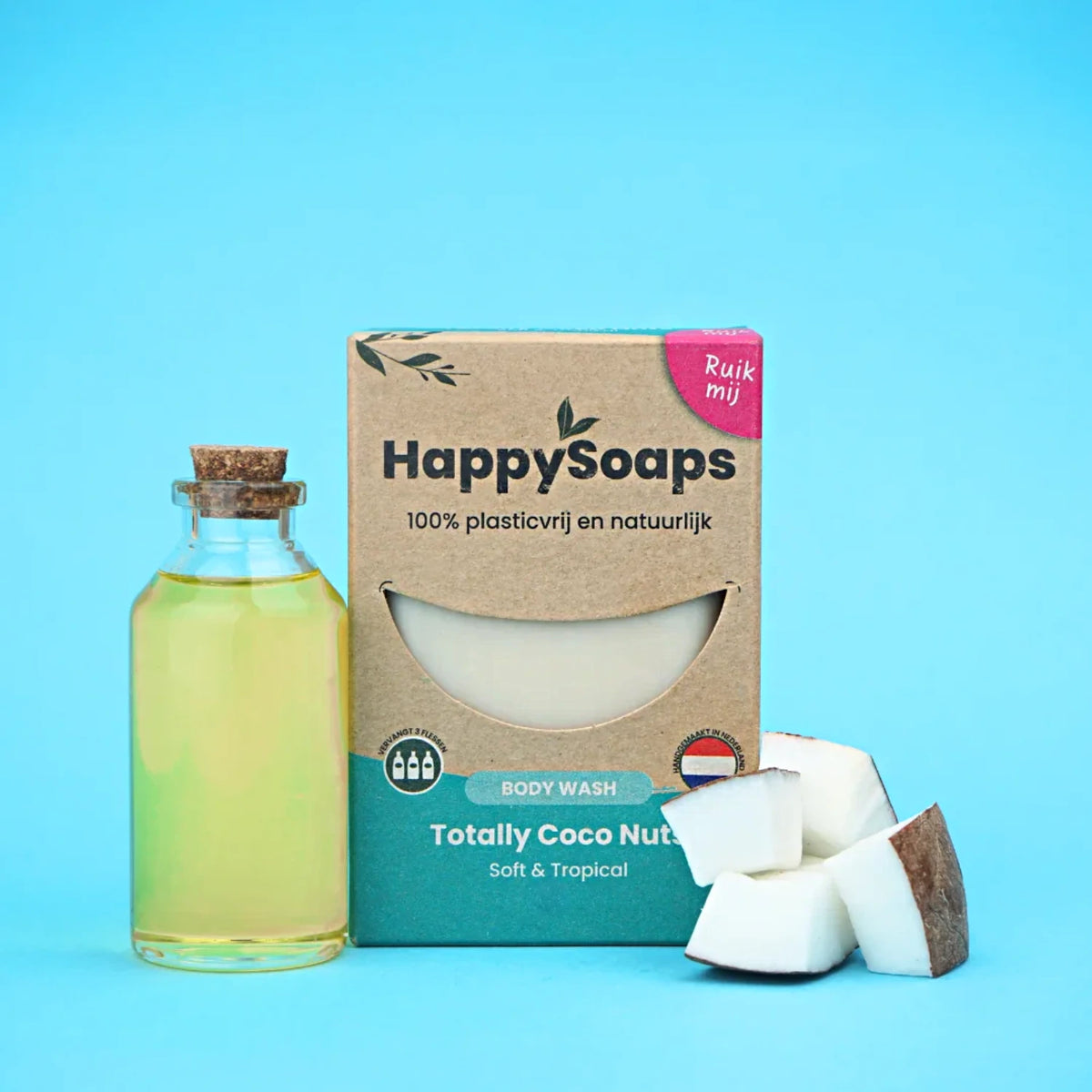 Kartonnen verpakking HappySoaps Totally Coco Nuts Body Wash Bar met blauwe achtergrond