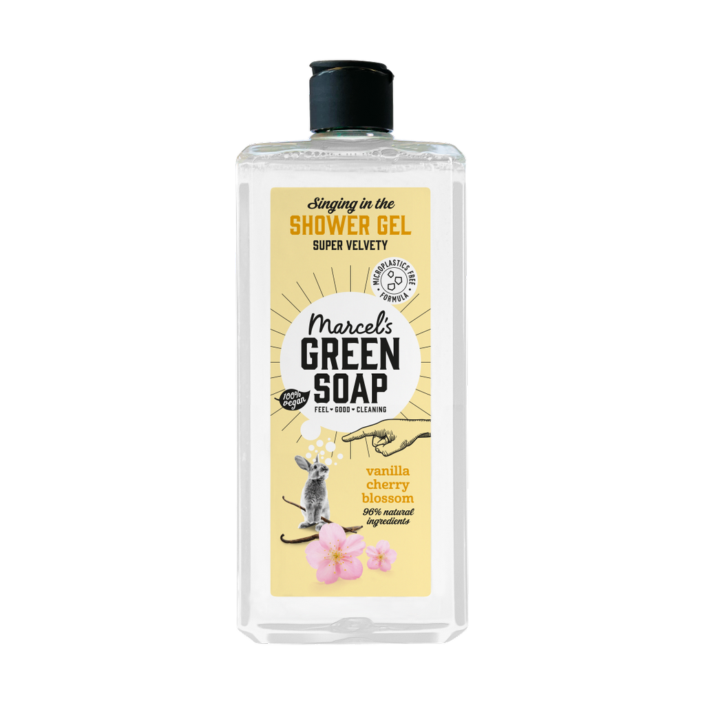 Voorkant fles douchegel Marcel's Green Soap (showergel) Vanilla & Cherryblossom (vanille & kersenbloesem) 300ml
